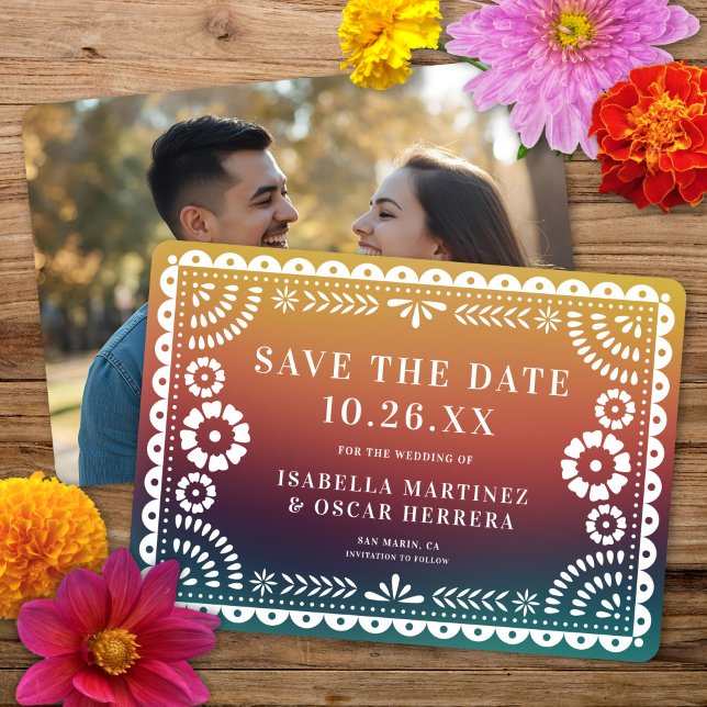 Reserve A Data Gorgeous Papel Picado Foto Sunset Ombré Wedding (Criador carregado)