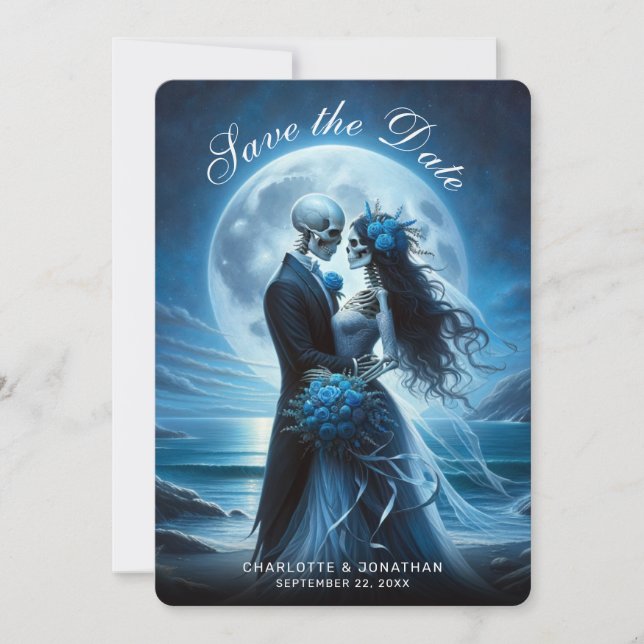 Reserve A Data Gothic Blue Skeleton Couple Wedding Save the Date (Frente)