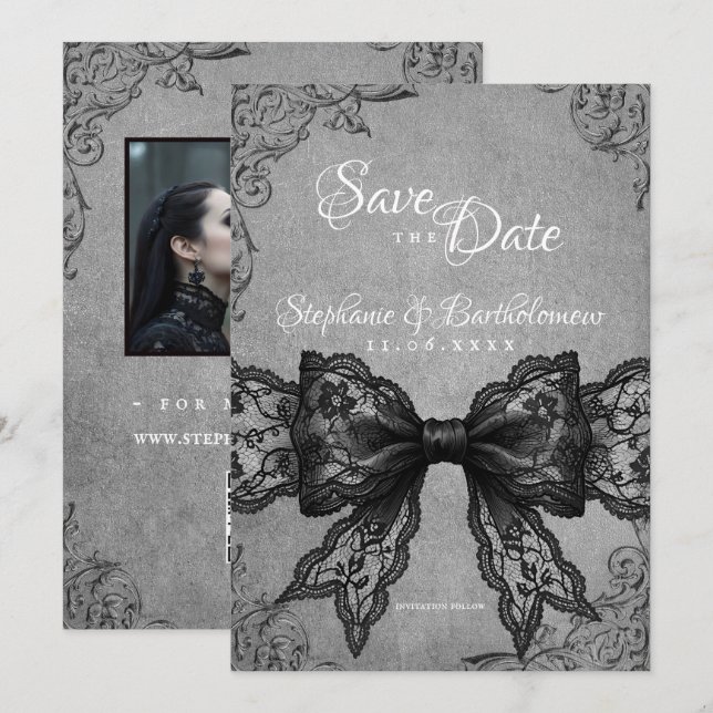 Reserve A Data Gothic Coquette Black Lace Bow Photo Save The Date (Frente/Verso)