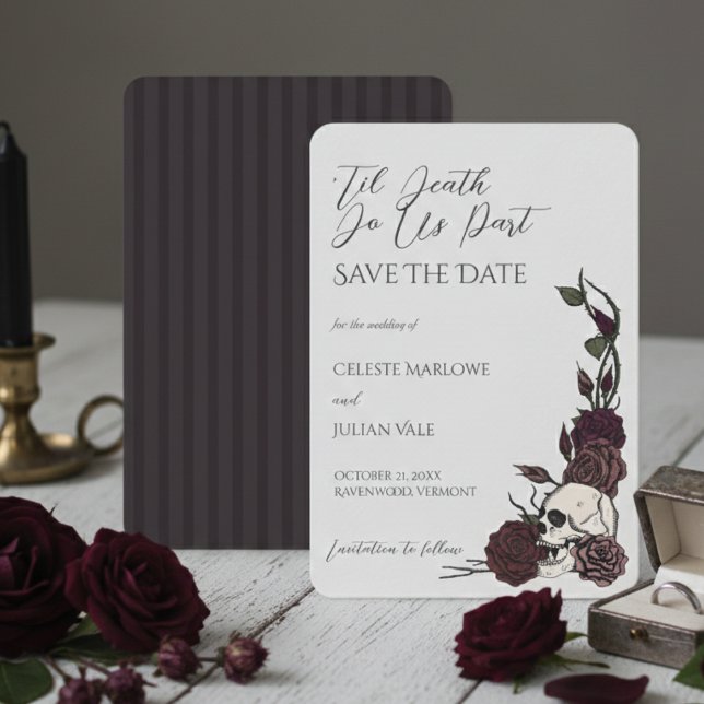 Reserve A Data Gothic Floral Skull 'Til Death Save the Date (Dark Floral Gothic Save the Date Cards. Gothic Wedding, Hallowedding, Romantic Event. Skull & Roses)