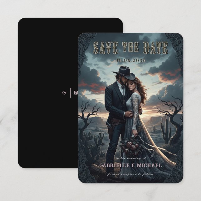 Reserve A Data Gothic Moody Western Cowboy Wedding Save The Date (Frente/Verso)