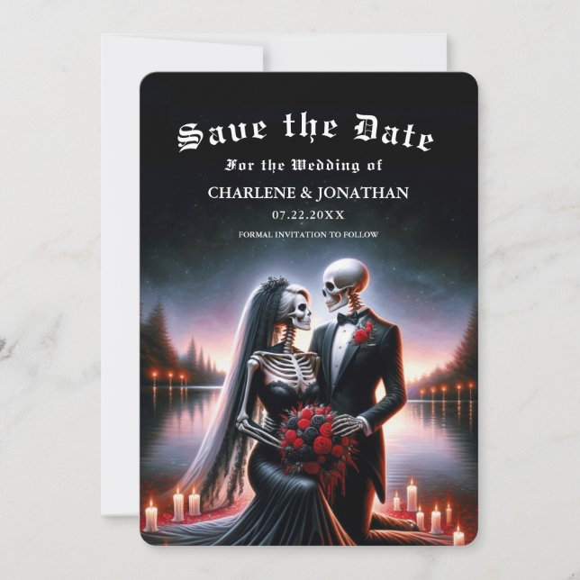 Reserve A Data Gothic Navy skeleton Wedding Save the Date (Frente)