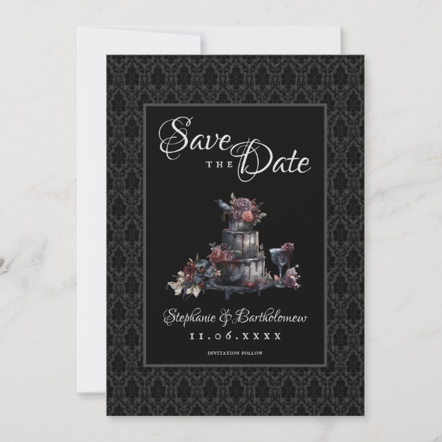 Reserve A Data Gótico Preto Damask Foto Save The Date (Frente)