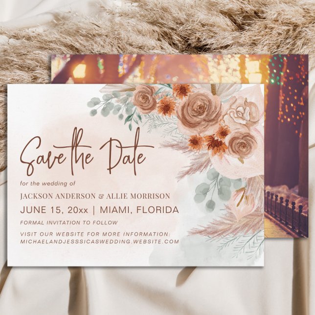 Reserve A Data Grama Rústica da Pampas Cerâmica de Casamento (Pampas grass wedding Save the Date photo card)