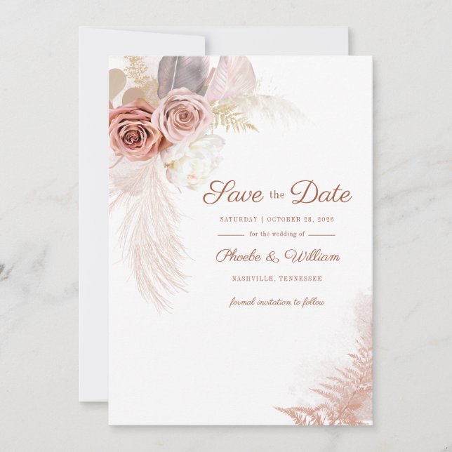 Reserve A Data Gramado Moderno de Pampas Floral Save The Date (Frente)