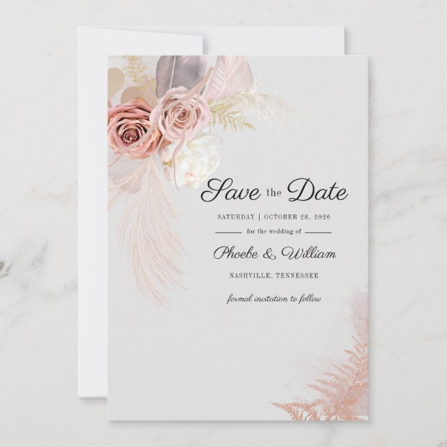 Reserve A Data Gramado Moderno de Pampas Floral Script Salve a Da (Frente)