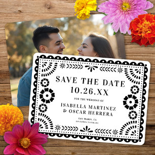 Reserve A Data Grande Ornamentado Papel Picado Foto B&W Casamento
