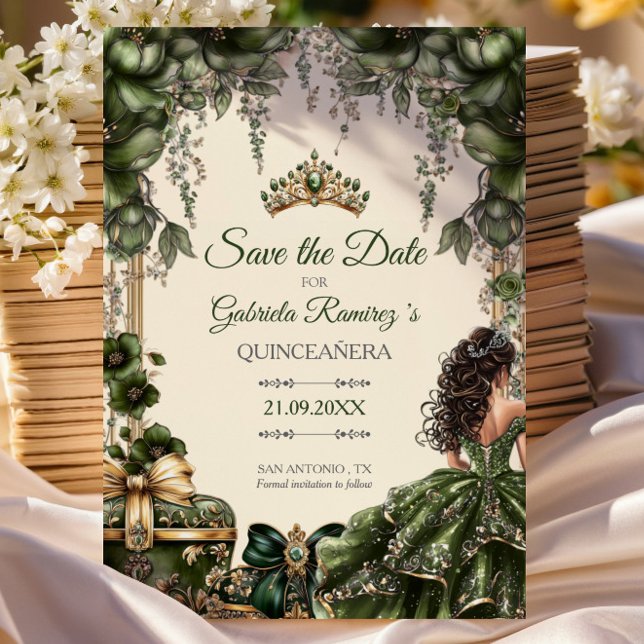 Reserve A Data Green and Cream Golden Tiara Floral Quinceañera (Criador carregado)