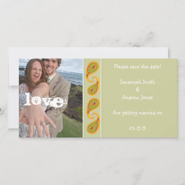 Reserve A Data Green & Dourado Paisley Salve a data da sua foto (Frente)