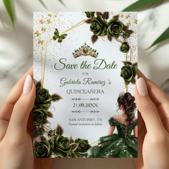 Reserve A Data Green Golden Tiara Roses Butterfly Quinceañera (Criador carregado)