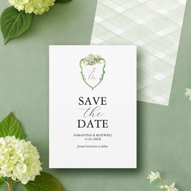 Reserve A Data Green Hydrangea Wedding Monogram Save The Dates (Green and white wedding hydrangea Save The Dates by Victoria Grigaliunas Do Tell A Belle)