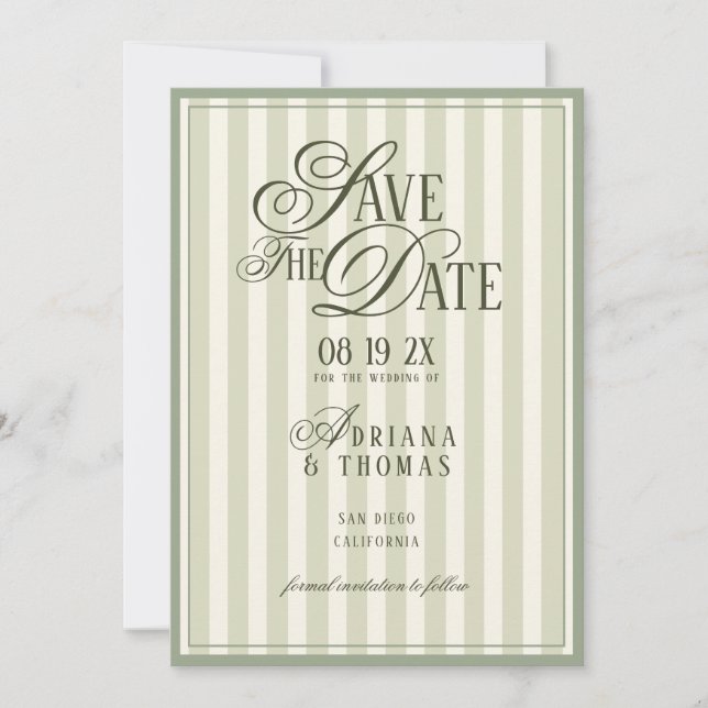 Reserve A Data Green Ivory Striped Old Money Calligraphy Wedding (Frente)