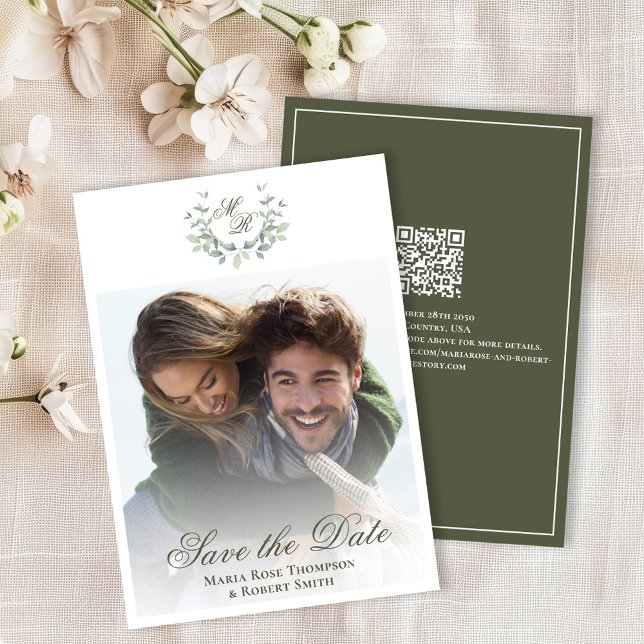 Reserve A Data Green Save the Date Wedding Classic Photo (Elegant green wedding save the date photo card. )
