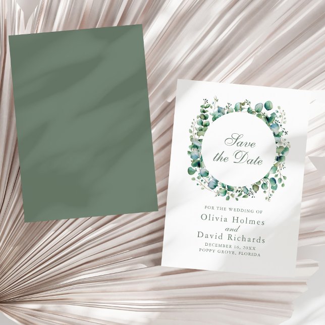Reserve A Data Greenery Moderna Eucalipto Casamento Botânico (Modern Greenery Eucalyptus Botanical Wedding Save The Date on a sunny neutral dry palm leaf.)