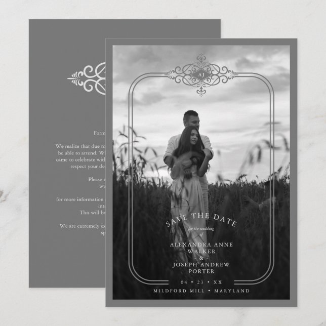 Reserve A Data Grey Trendy Lace Flourish Initials Wedding Photo (Frente/Verso)