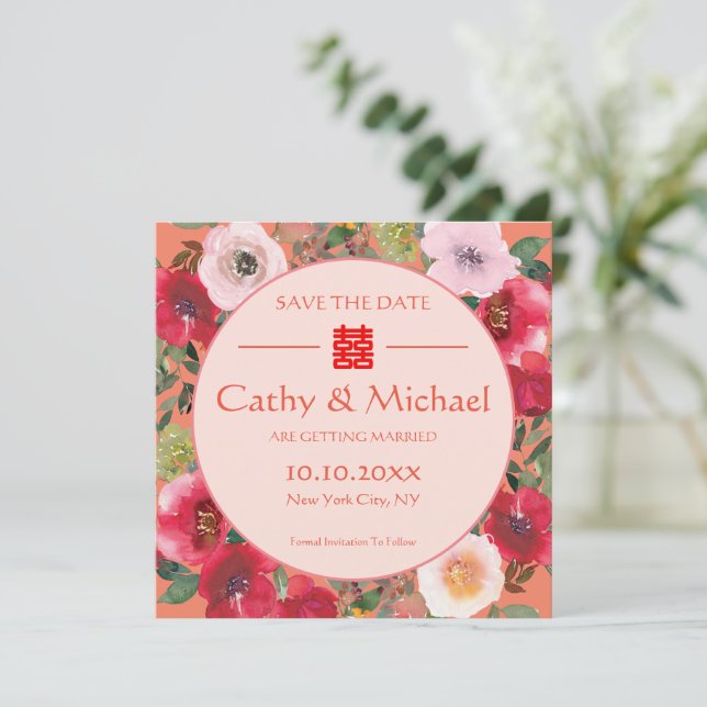 Reserve A Data Grinalda floral laranja flores vermelhas casamento (Em pé/Frente)