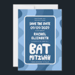 Reserve A Data Groovy Blue Waves Bar Bat Personalizado Bnai Mitzv<br><div class="desc">Cartão perfeito para anunciar um bar ou bat mitzvah ou outra celebração judaica e pedir aos convidados para salvar a data! Mão fez arte para você com a letra na frente e atrás! (verifique compro ou DM para opções de BAR/BAT) TOTALMENTE PERSONALIZÁVEL! Clique em "Personalizar" acima para editar o texto....</div>