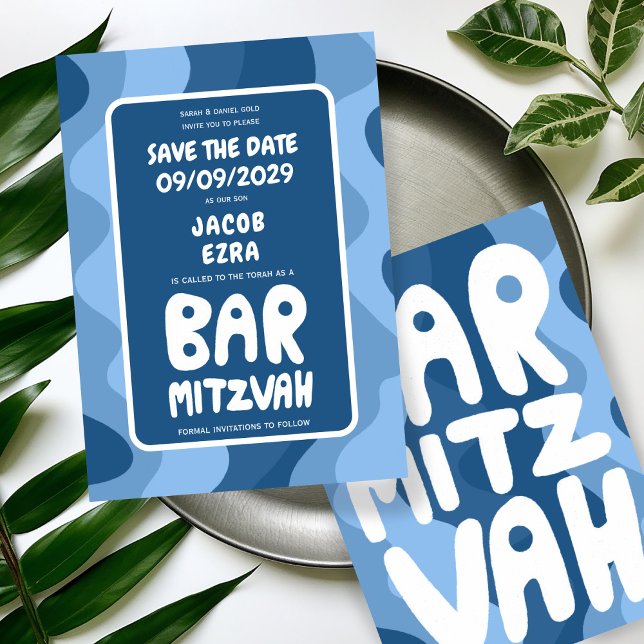 Reserve A Data Groovy Blue Waves Bar Bat Personalizado Bnai Mitzv (Groovy Blue Waves Custom Bat Bar Bnai Mitzvah Save The Date Card)
