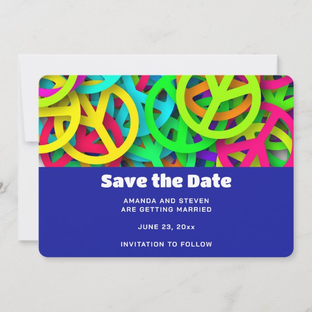Reserve A Data Groovy Peace marca Rainbow Pattern Wedding (Frente)