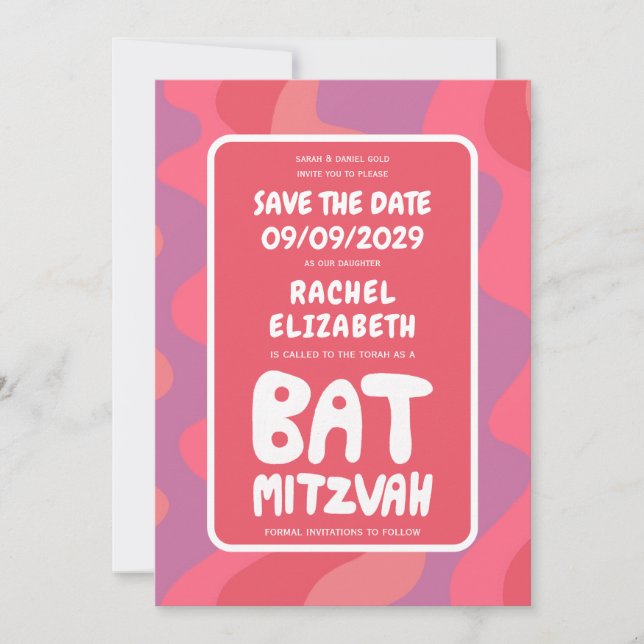 Reserve A Data Groovy Pink Waves Personalizadas Bat Mitzvah (Frente)