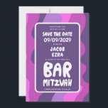 Reserve A Data Groovy Purple Waves Bar Bat Personalizado Bnai Mit<br><div class="desc">Cartão perfeito para anunciar um bar ou bat mitzvah ou outra celebração judaica e pedir aos convidados para salvar a data! Mão fez arte para você com a letra na frente e atrás! (verifique compro ou DM para opções de BAR/BAT) TOTALMENTE PERSONALIZÁVEL! Clique em "Personalizar" acima para editar o texto....</div>