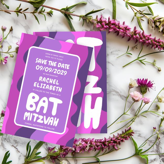 Reserve A Data Groovy Purple Waves Bar Bat Personalizado Bnai Mit (Groovy Purple Waves Custom Bat Bar Bnai Mitzvah Save The Date card)