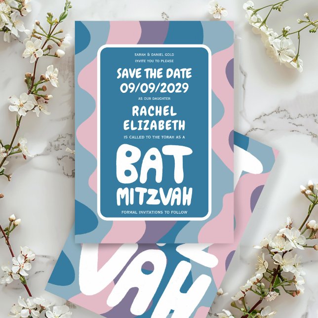 Reserve A Data Groovy Purple Waves Bar Bat Personalizado Bnai Mit (Groovy Purple Waves Custom Bat Bar Bnai Mitzvah Save The Date Card)