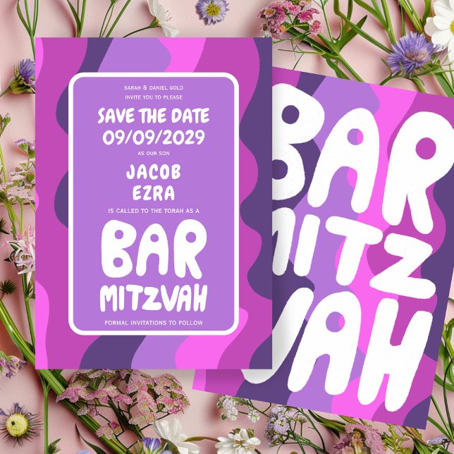 Reserve A Data Groovy Purple Waves Bar Bat Personalizado Bnai Mit (Groovy Purple Waves Custom Bat Bar Bnai Mitzvah Save The Date
)