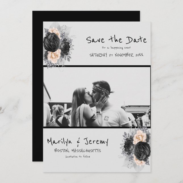 Reserve A Data Grunge Photo Black Floral Flat Save The Date Card (Frente/Verso)