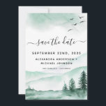 Reserve A Data Guardar a Data da Floresta Rústica Moderna de Aqua<br><div class="desc">Casamento Verde da Floresta Russa Salve a Ficha de Datas em fundo branco - inclui uma bela e elegante tipografia com árvores modernas,  montanhas e aves para a celebração especial do dia do casamento.</div>