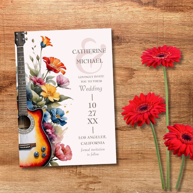 Reserve A Data Guitar Wildflower E Comercial Musical Casamento (Flat lay guitarist musician wedding wildflower meadow summer romance Save the Date)