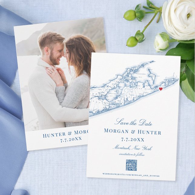 Reserve A Data Hamptons Montauk Wedding Elegante Código QR (Montauk Save the Dates in navy blue with QR code perfect for your Hamptons destination wedding.)