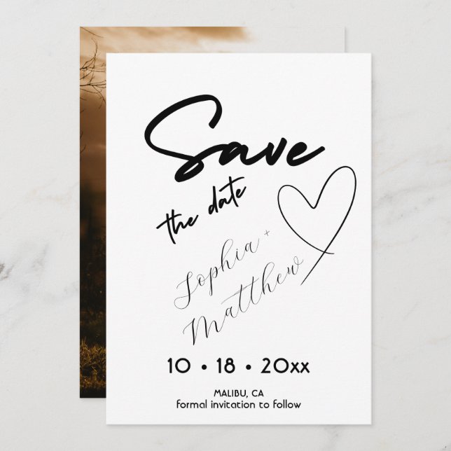 Reserve A Data Hand Drawing  Wedding Photo Save The Date (Frente/Verso)