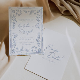Reserve A Data Hand Drawn Azure Blue Floral Garden Whimsy Wedding