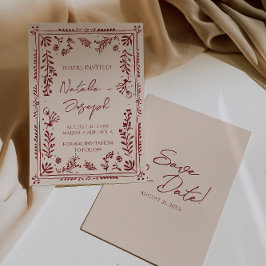 Reserve A Data Hand Drawn Burgundy Deep Red Floral Garden Wedding