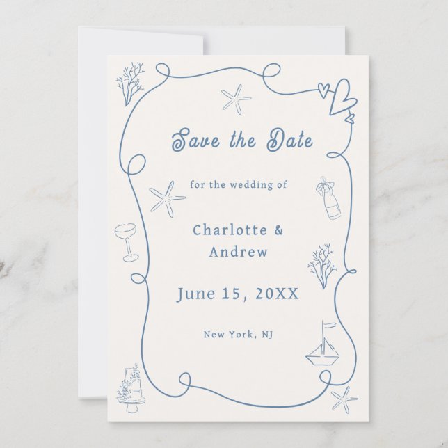 Reserve A Data Hand drawn coastal beach dusty blue ivory wedding (Frente)
