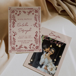 Reserve A Data Hand Drawn Deep Red Floral Garden Photo Wedding