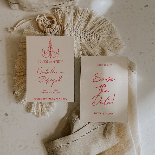 Reserve A Data Hand Drawn Red Old Money Retro Quirky Wedding (Criador carregado)