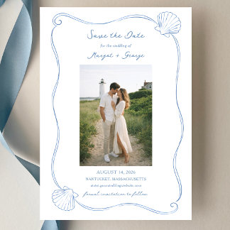 Reserve A Data Hand Drawn Seashell Simple Blue Coastal Wedding