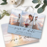 Reserve A Data Hand Lettered 3 Image Dusty Blue<br><div class="desc">Pick the best pictures from your engagement shoot or your favorite pictures of the two of you for this perfect save the date. The words save the date are handwritten to give a personal feel to the card. The front has 3 images and the back has a large image with...</div>