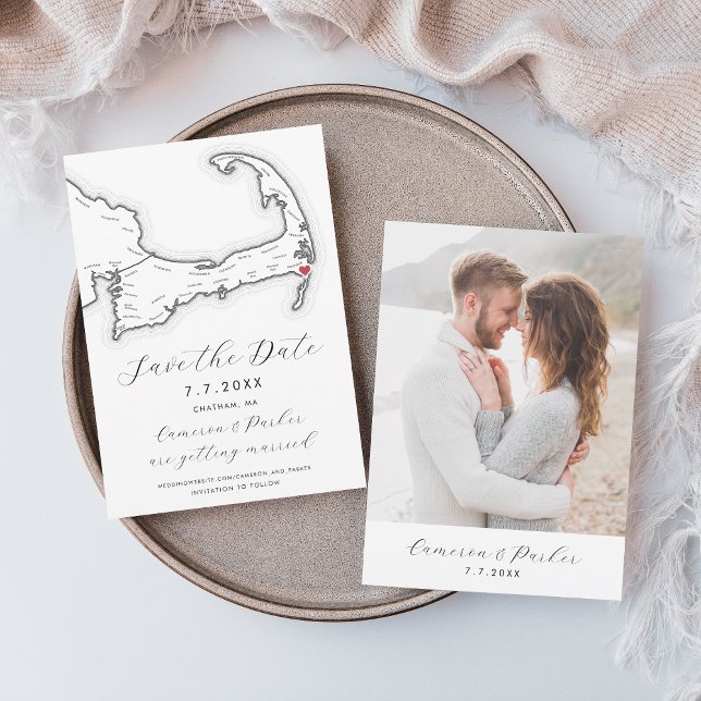 Reserve A Data Harwich MÃE Cape Cod Map Casamento Negro e Branco (Chatham MA Cape Cod Map Save the Date with Photo in Elegant Modern Black and White )