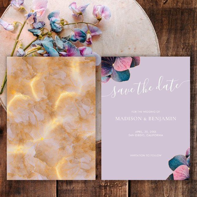 Reserve A Data Hídrangas Roxas da Lavanda Azul Dourada Elegante (Front and Back)