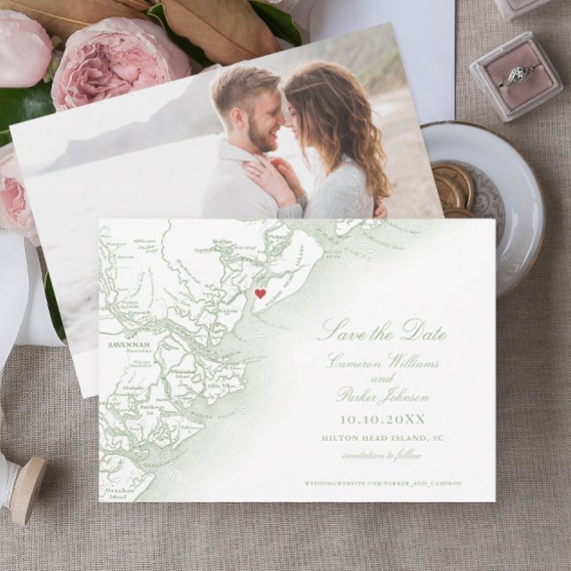 Reserve A Data Hilton Head SC Mapa Elegante Sage Casamento Verde (Hilton Head Map Photo Save the Date in Elegant Sage Green by Coastal Map Designs)