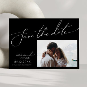 Reserve A Data Horizontal de Foto Preta de Script Minimalista Whi