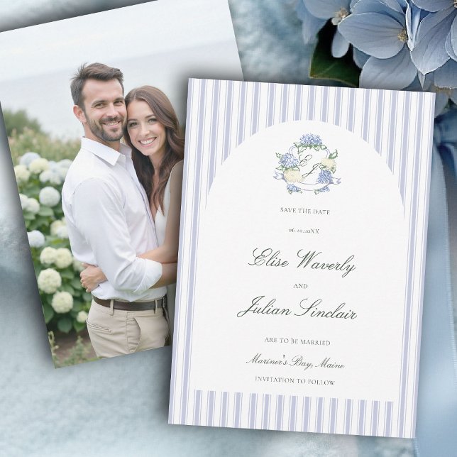 Reserve A Data Hydrangea Blue Stripes Arch Coastal Photo Wedding (hydrangea wedding save the date photo coastal cottagecore romantic garden formal elegant arch)