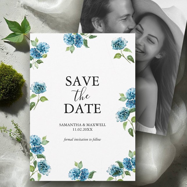 Reserve A Data Hydrangea Save The Date With Picture (blue hydrangea save the dates with hand painted watercolor art by Victoria Grigaliunas)