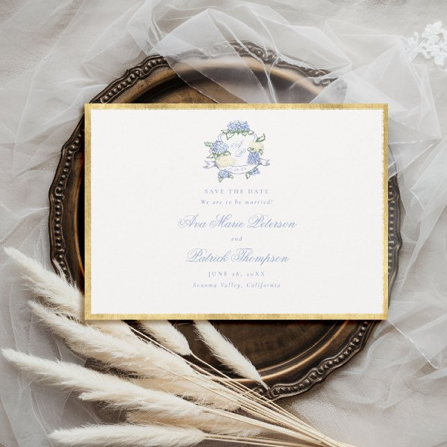 Reserve A Data Hydrangeas Crista Azul Dourado em Moldura de Casam (formal wedding save the date modern classic traditional frame hydrangea crest gold blue periwinkle )