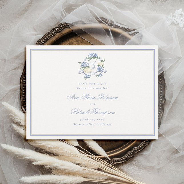Reserve A Data Hydrangeas Formais Crista Azul Moldura de Noiva Ma (formal wedding save the date modern classic traditional frame hydrangea crest blue ivory old money)