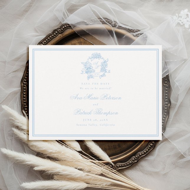 Reserve A Data Hydrangeas Formais Moldura Clássica Azul Casamento (formal wedding save the date modern classic traditional frame hydrangea crest blue periwinkle )