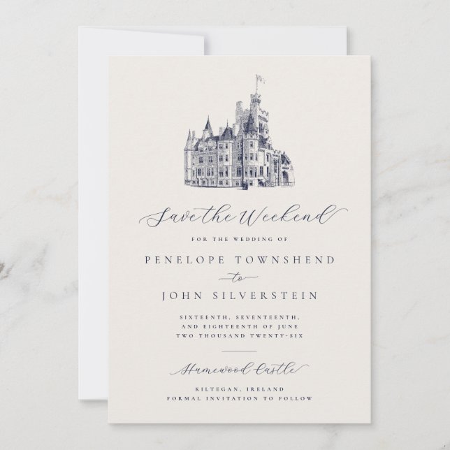 Reserve A Data Ilustração de Castelo Elegante para Casamento de F (Frente)